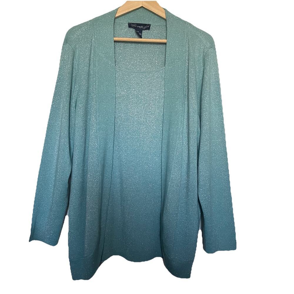 Susan Graver Womens Sweater Set 1X‎ Teal Ombre Metallic Knit Holiday Festive